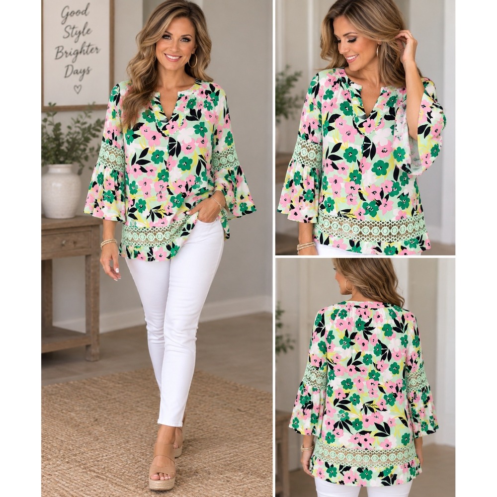 Crown & Ivy Floral Bell Sleeve Crochet Lace Trim Blouse Pink Green L Boho